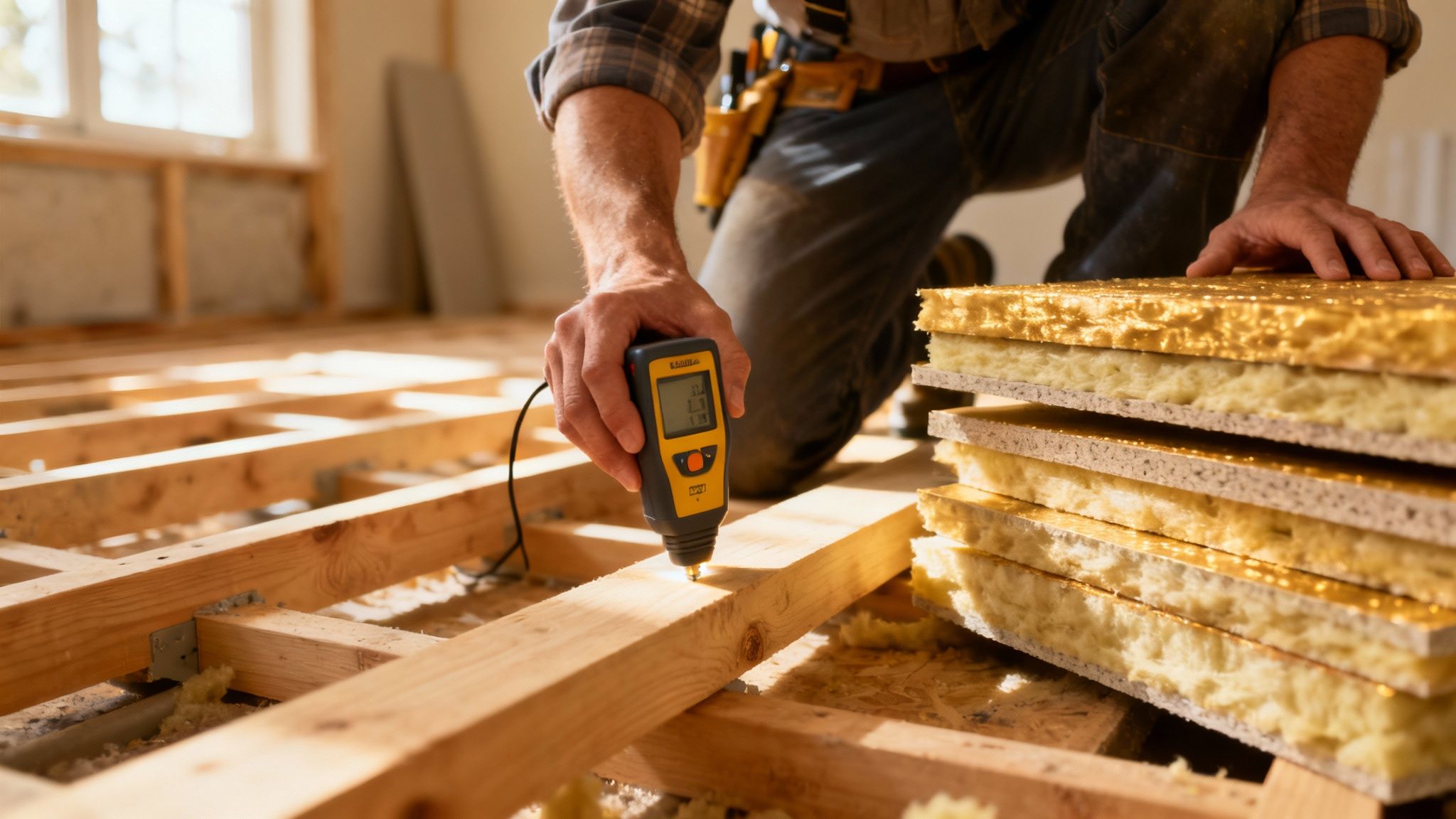 En håndværker inspicerer et undergulv i træ, hvor isolering og forberedelse til gulvvarme er i gang.