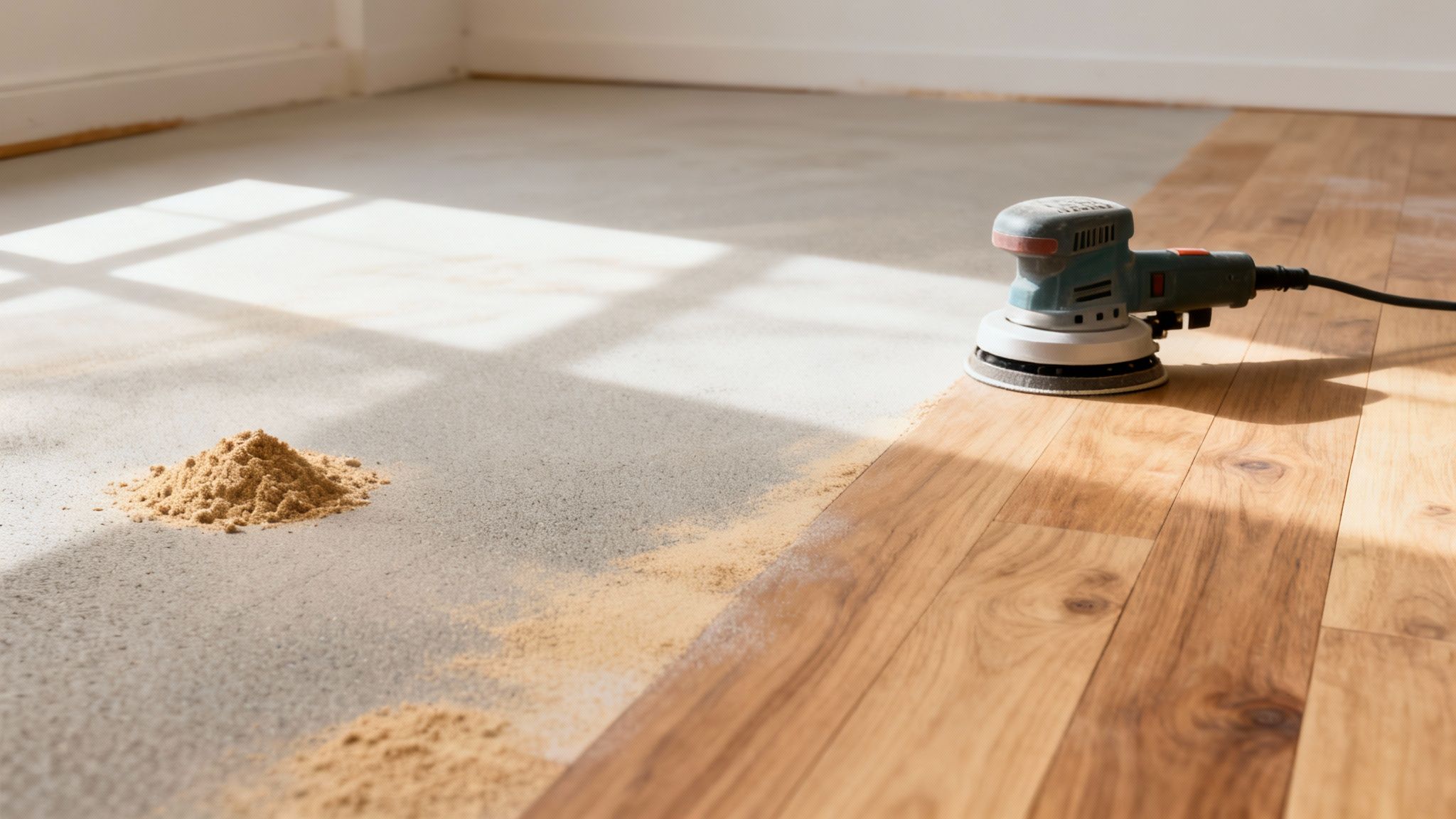 En gulvsliber påbegynder slibning af et trægulv, med en bunke savsmuld ved siden af.