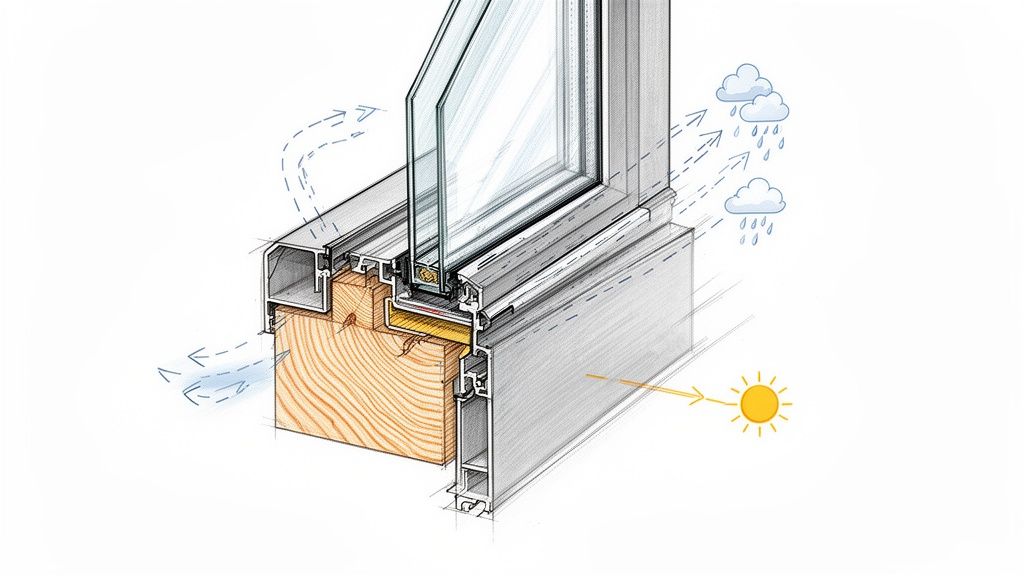 Tværsnit af et alu-træ vindue, der viser isolering, luftstrøm, regn og solpåvirkning.