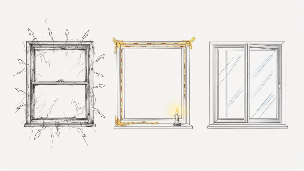 Illustration af tre vinduer, der viser luftlækage, isolering med tape og en moderne, energieffektiv vinduestype.