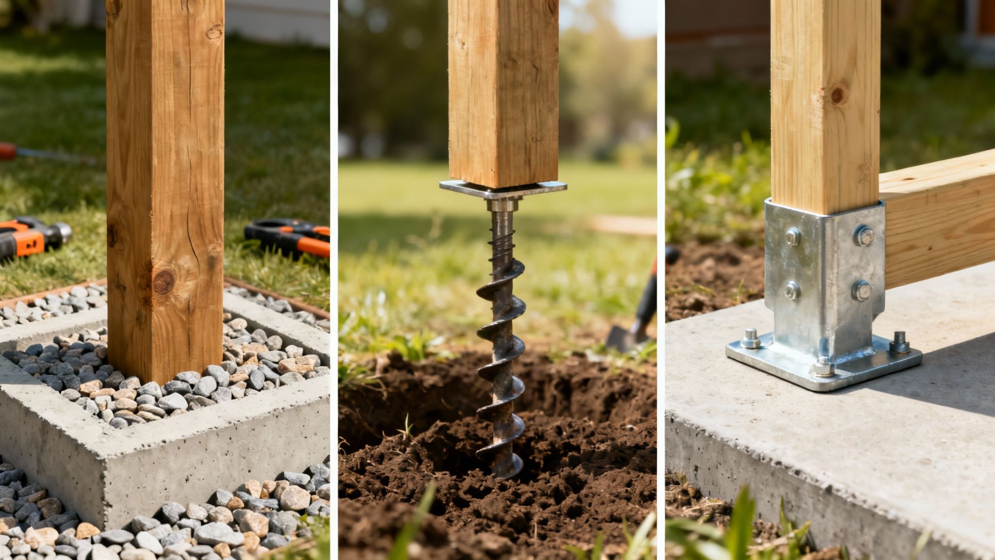 Tre forskellige metoder til at fastgøre en træstolpe: en betonbase med sten, en jordskrue og et metalbeslag på en betonplade.