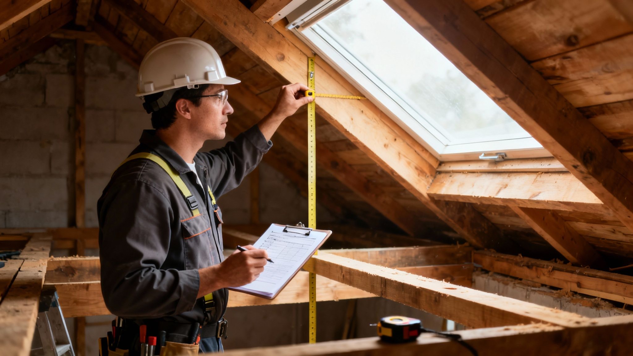 Mand i sikkerhedshjelm måler et tagvindue i et loftrum og noterer på en clipboard.