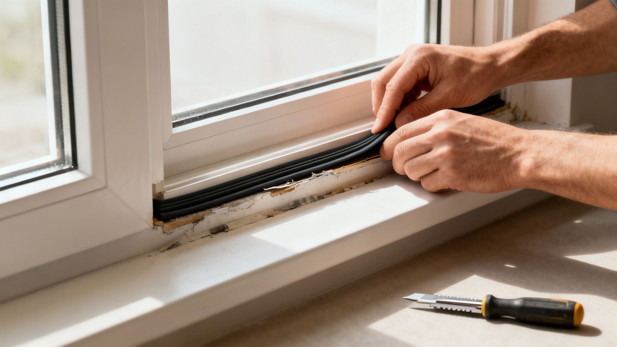 En person monterer en ny tætningsliste i en vinduesramme