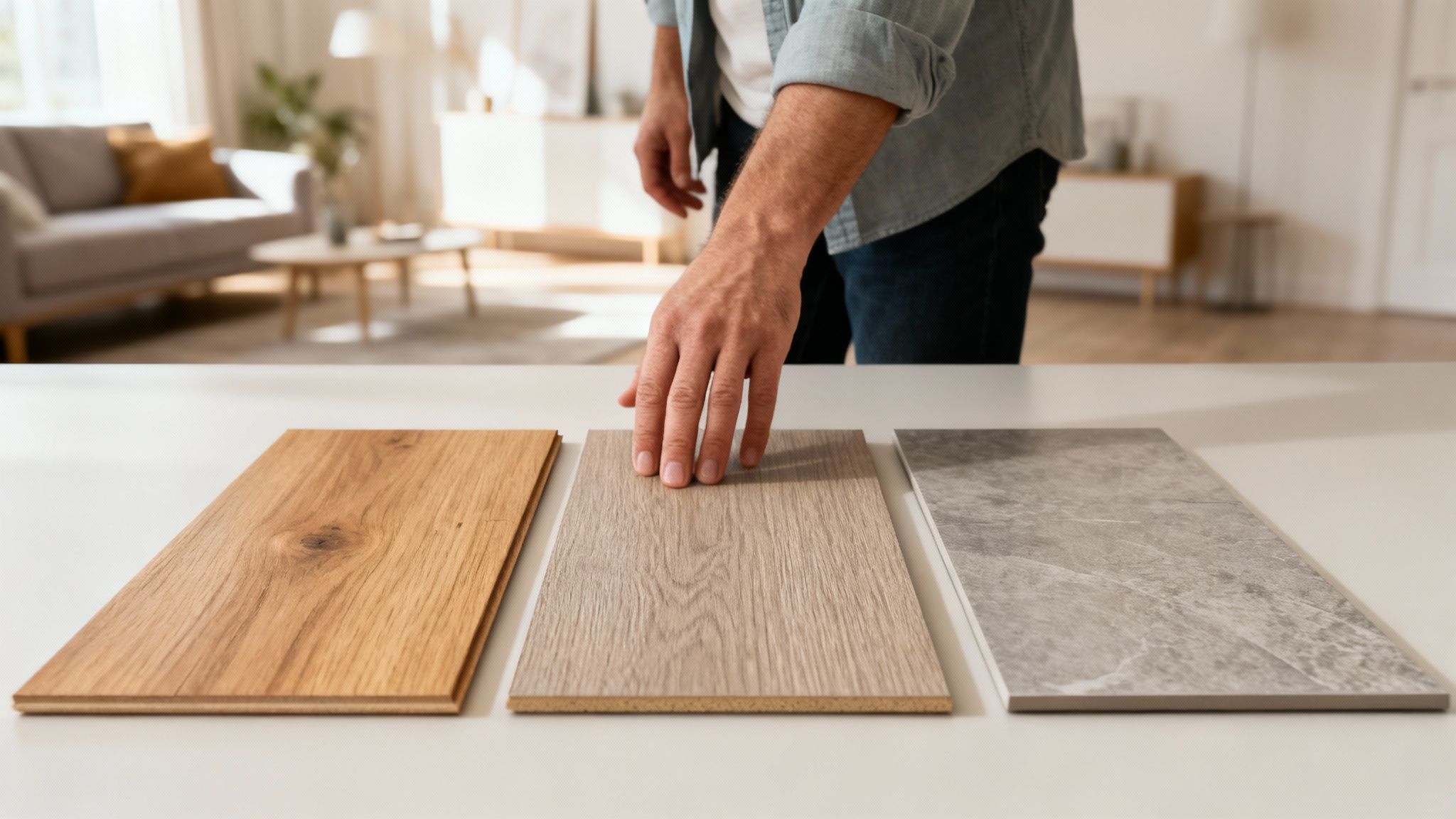 Mand vælger mellem forskellige gulvprøver (træ, laminat, fliser) på et bord i et hjem.