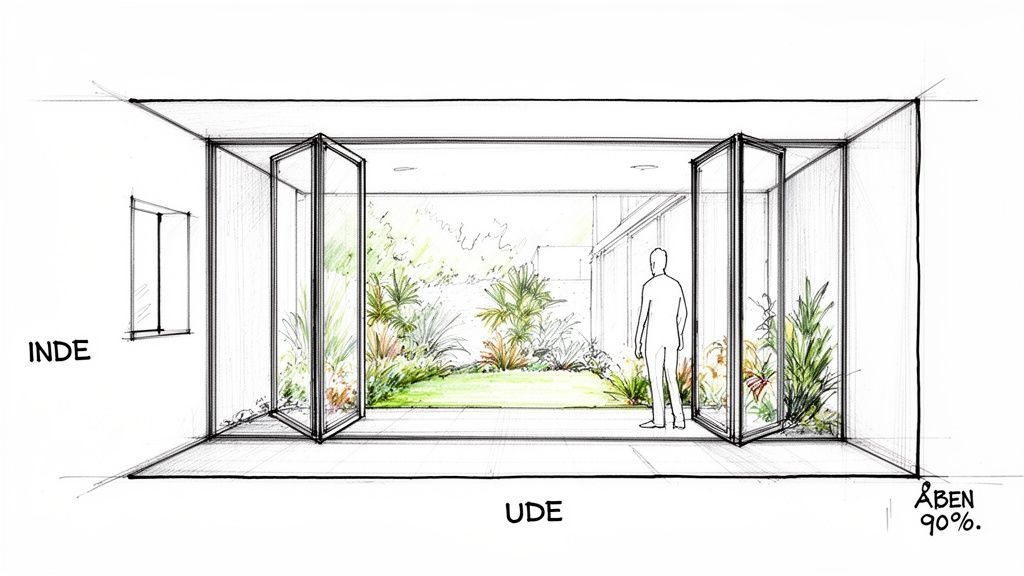 Skitse af indendørs rum med åbne foldedøre til en frodig have, en person står i døråbningen.