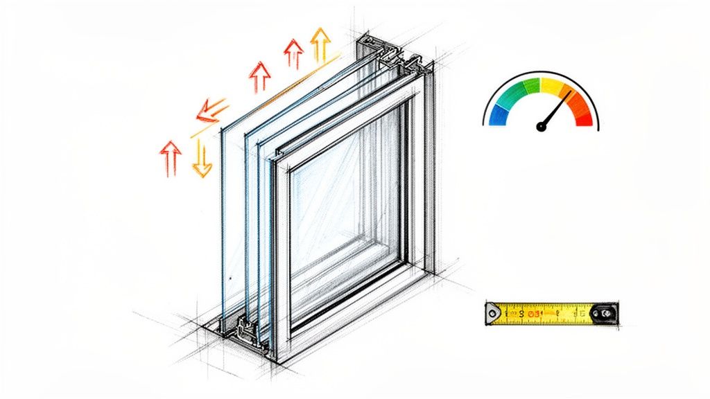 Illustration af et energivenligt vindue med termisk isolering, der viser varmetab og effektivitet.