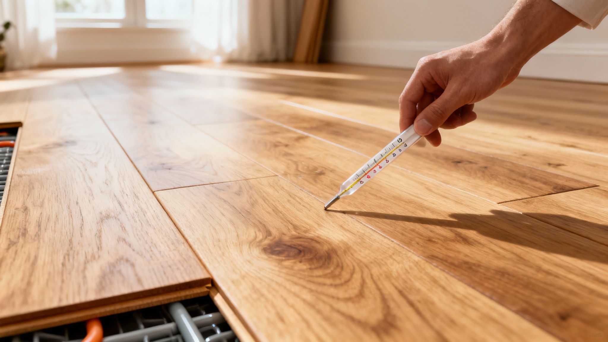 En hånd måler temperaturen på et nyt trægulv med et termometer over synlig gulvvarme.