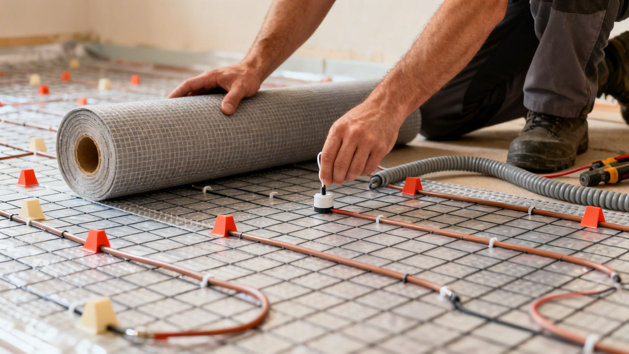 Hænder installerer elektrisk gulvvarme med kabler og isoleringsmåtte på gulvet.