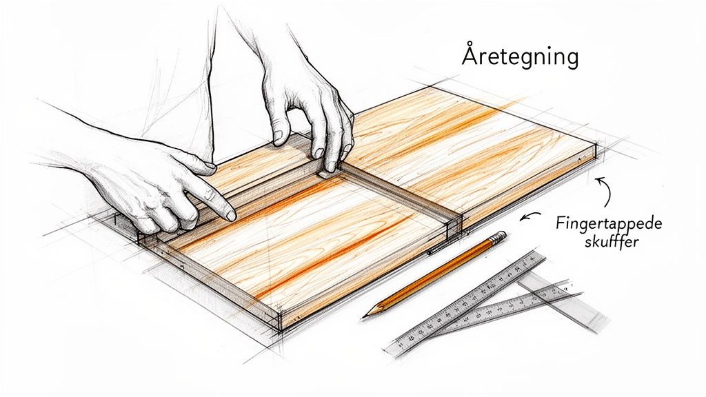 Detaljeret illustration af hænder, der samler træstykker med fingertappe til skuffer, med værktøj.
