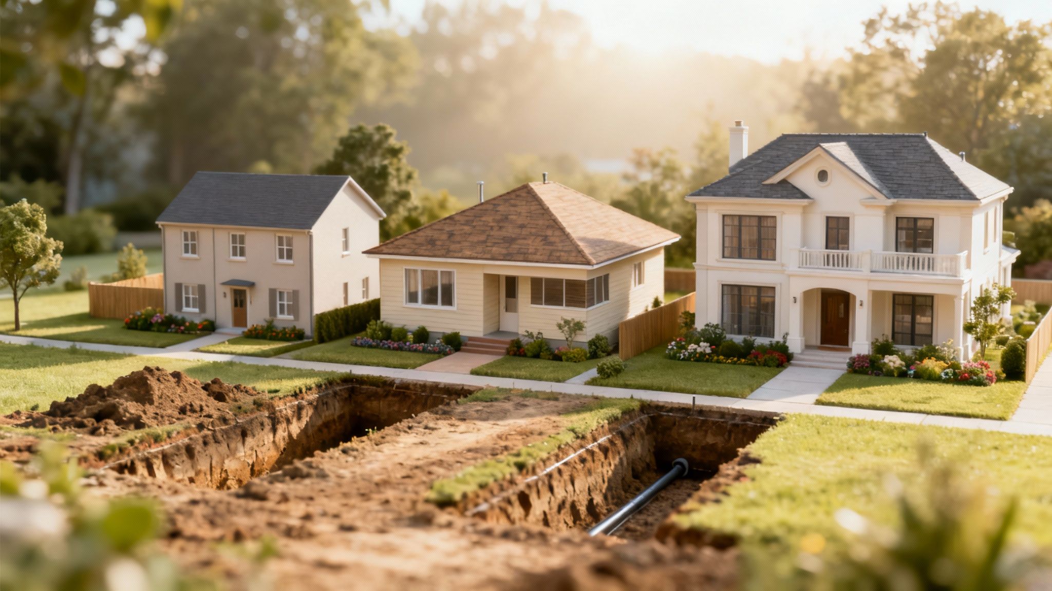 Miniaturehuse med en åben grøft og rør i forgrunden, der illustrerer et drænprojekt.