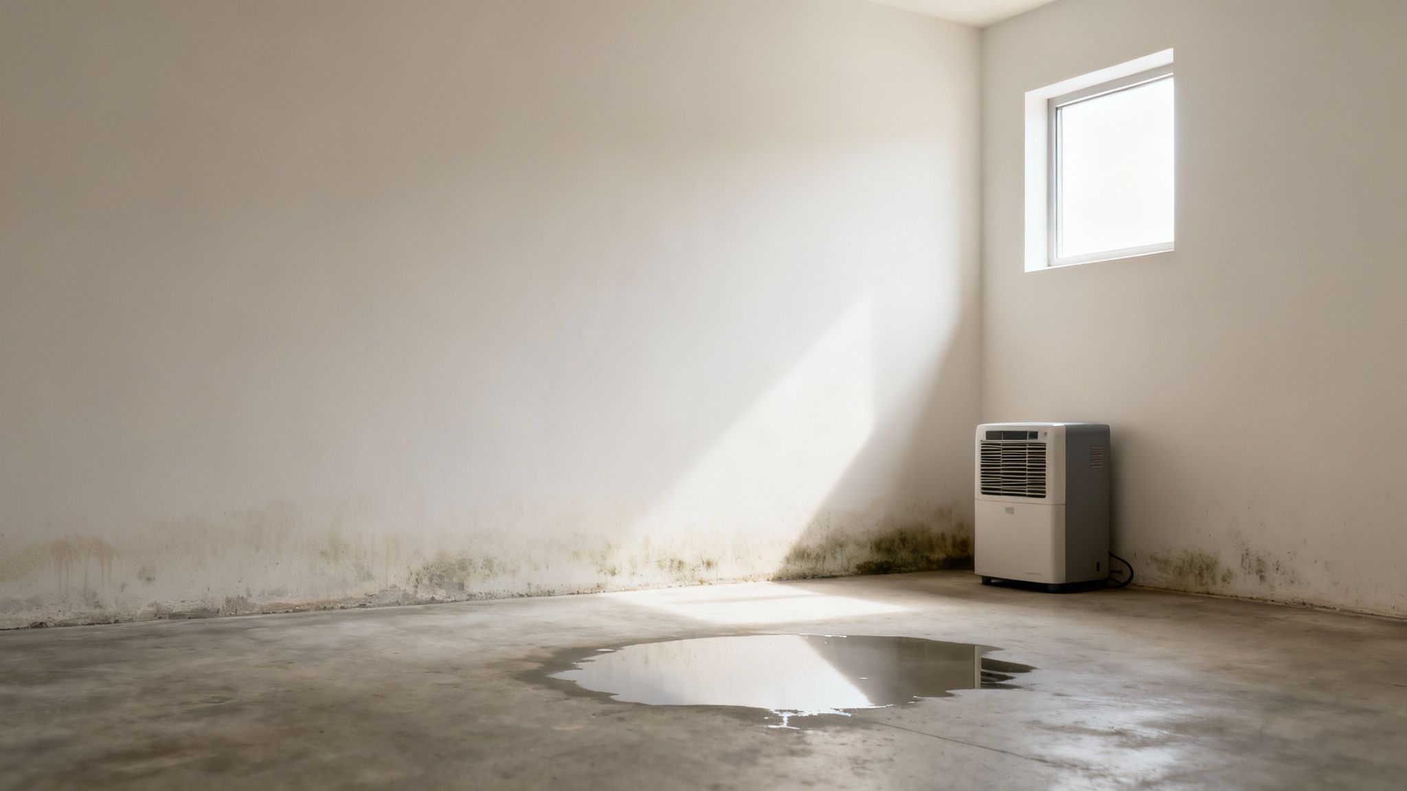 Et rum med fugtige vægge dækket af skimmel, en vandpyt på gulvet og en affugter under et vindue.