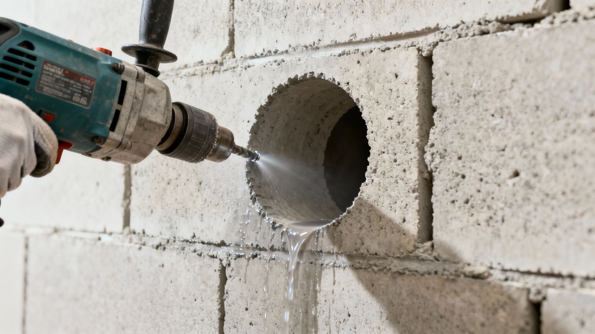 En person borer et præcist hul i en væg af betonblokke, med vand dryppende fra boret.