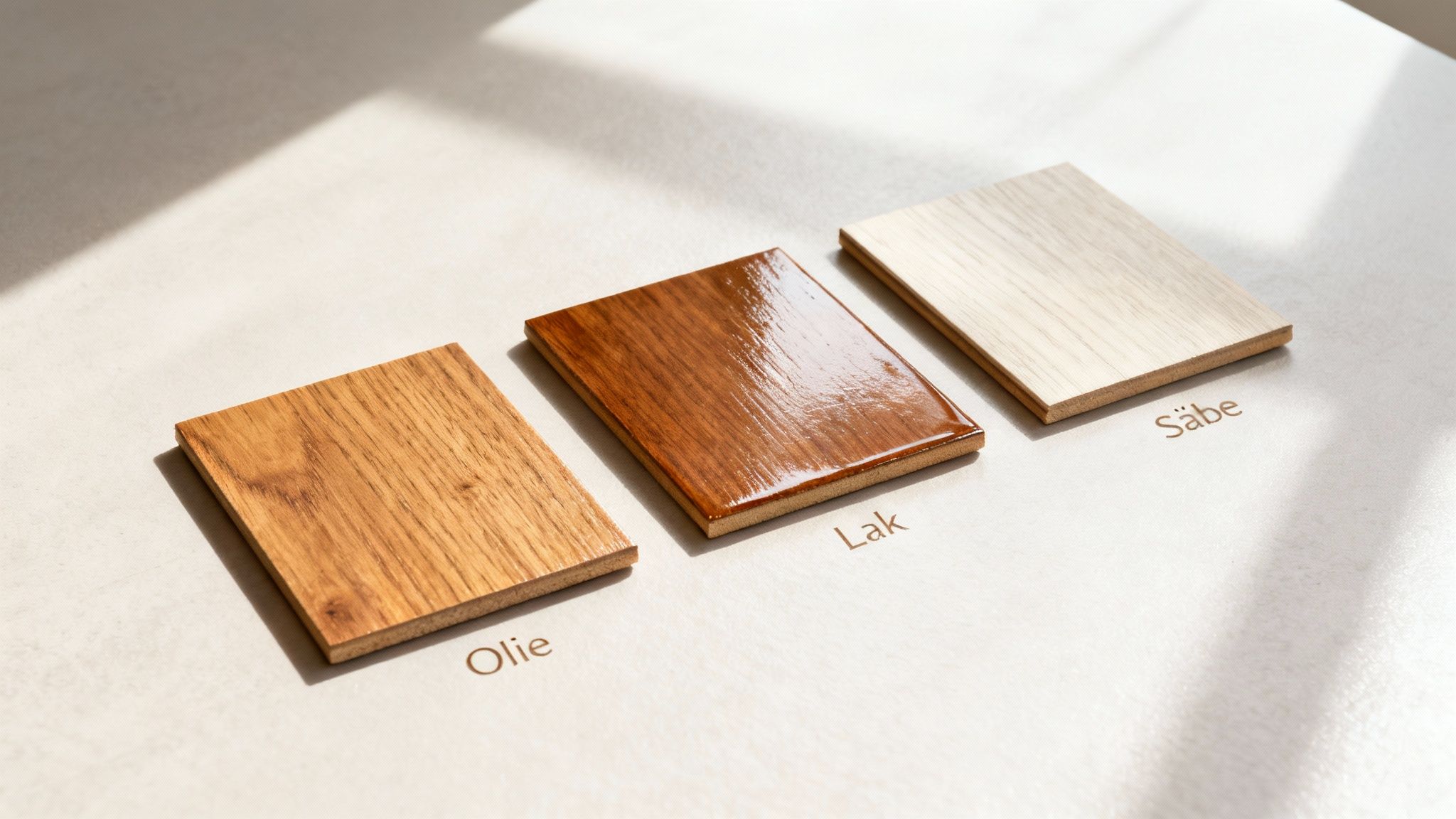 Tre træprøver (Olie, Lak, Sæbe) på en lys overflade med skygger, viser forskellige behandlinger.