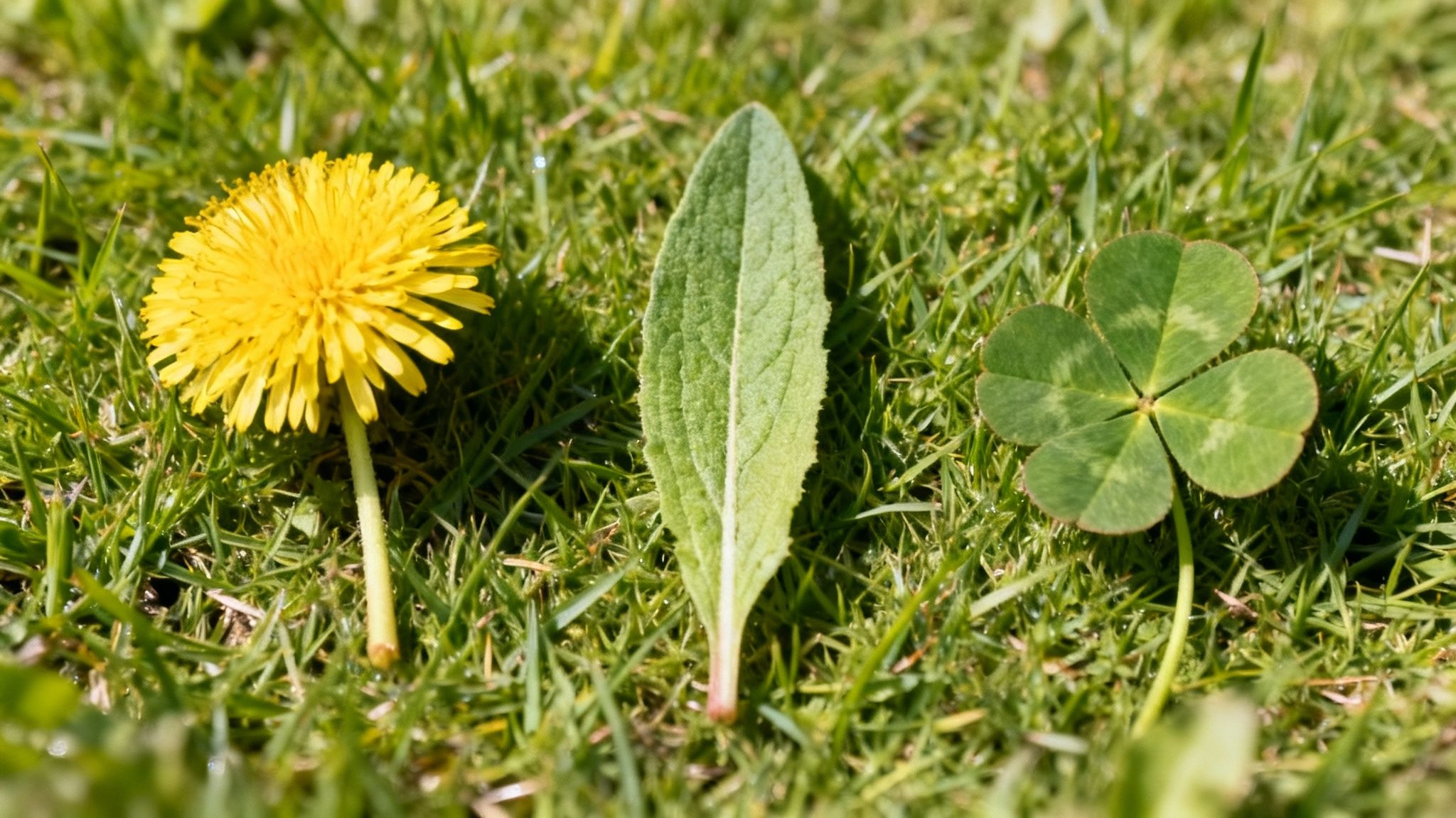 Nærbillede af mælkebøtter og andet bredbladet ukrudt i en græsplæne