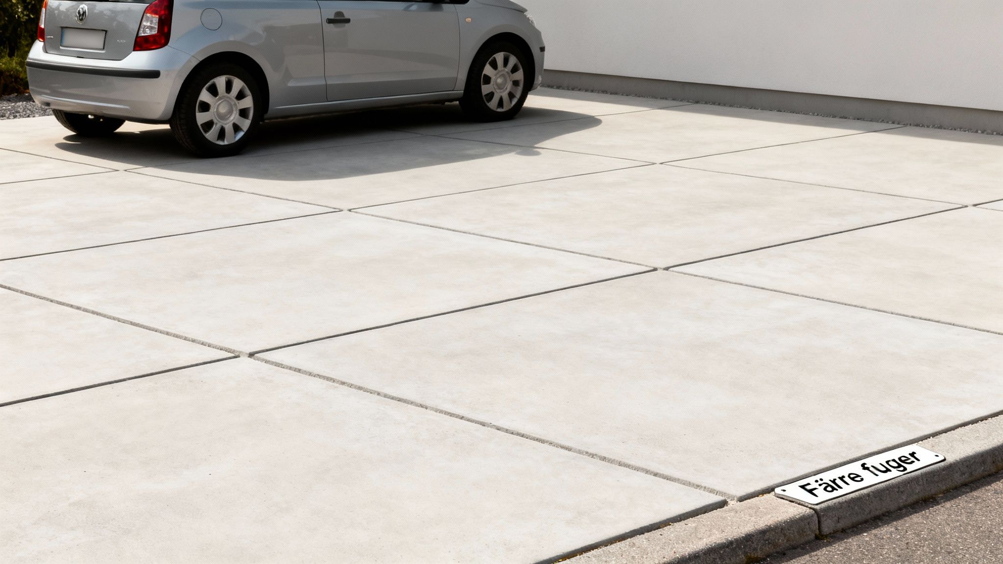 En sølvfarvet bil parkeret på en lys flisebelagt indkørsel med en hvid væg og et skilt på kantstenen.