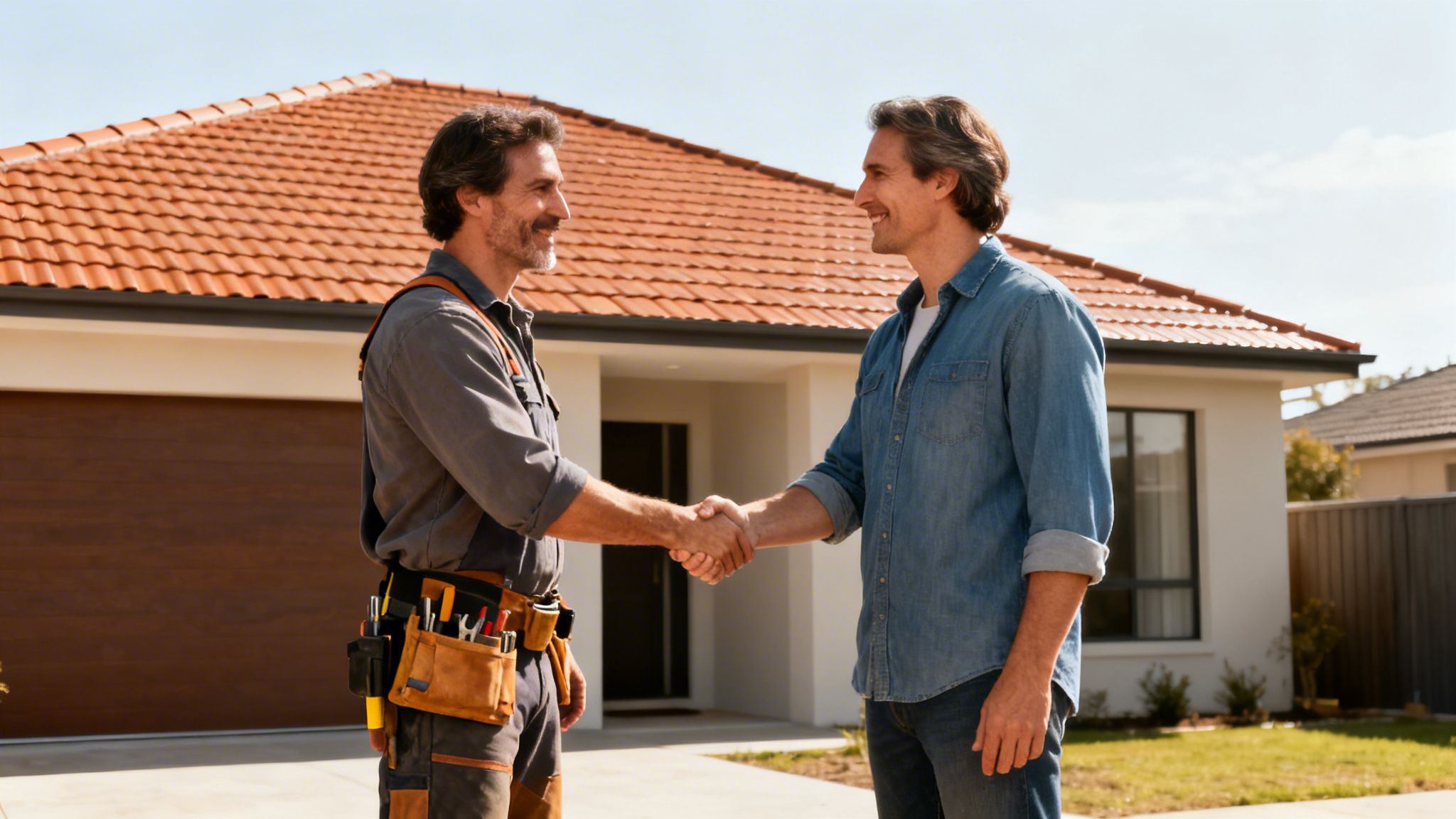 En håndværker og en boligejer giver hånd foran et nyrenoveret hus med et rødt tegltag.