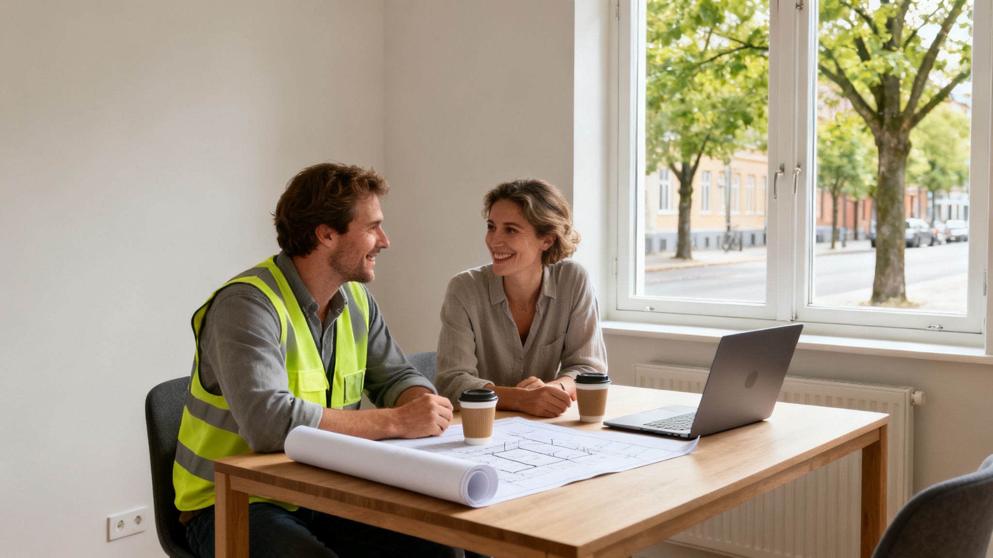 To glade bygningsarbejdere gennemgår byggeplaner med kaffe og bærbar computer ved et bord. De diskuterer projektet i et lyst rum.