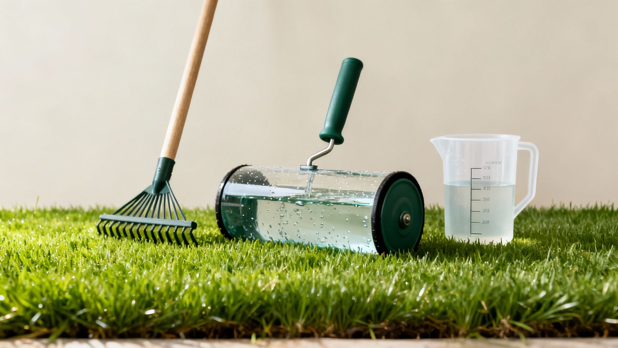 Rive, græsrulle og målekande med vand på grønt græs, klar til havearbejde.