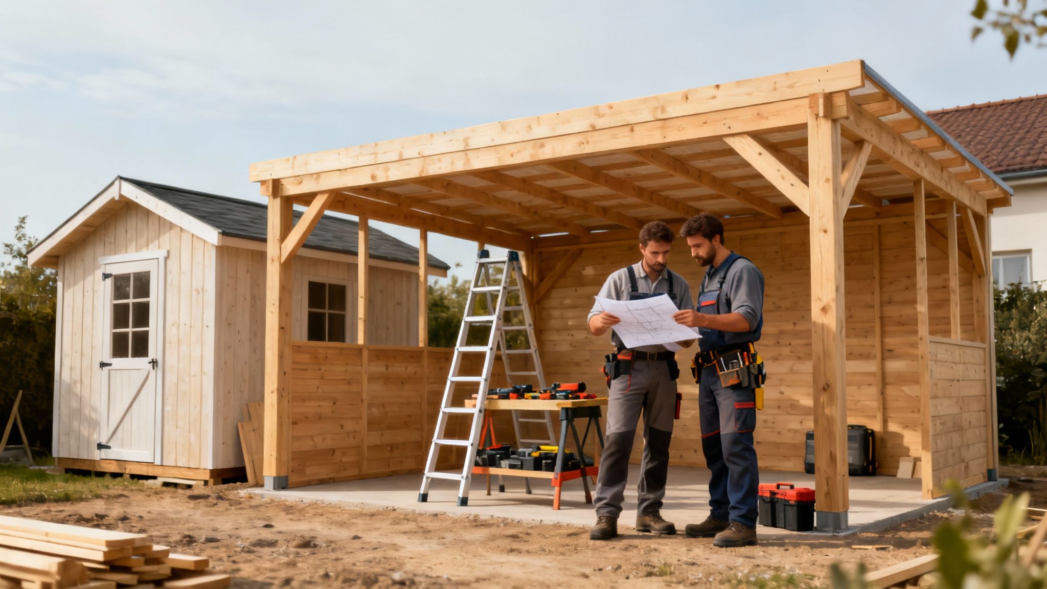To håndværkere gennemgår byggeplaner foran carport med skur under konstruktion