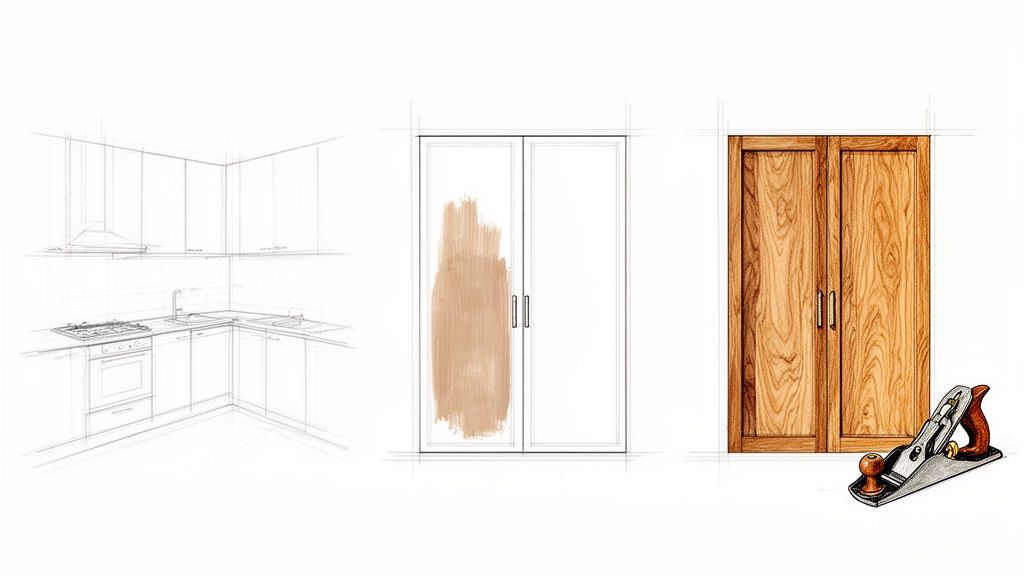 En illustration der viser køkkendesign, døre i forskellige faser og et træbearbejdningsværktøj.