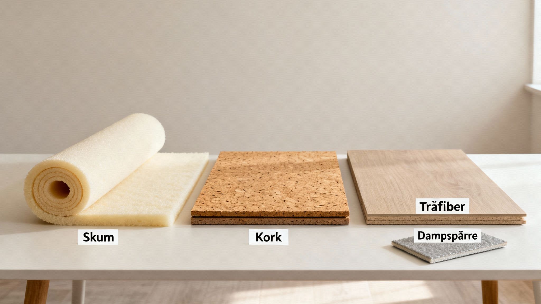 Et udvalg af gulvunderlag: skum, kork, træfiber og dampspærre, præsenteret på et hvidt bord.