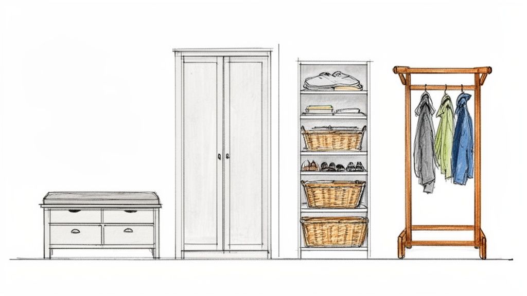 En illustration af forskellige opbevaringsløsninger til entreen, herunder en bænk, et skab, hylder og et tøjstativ.