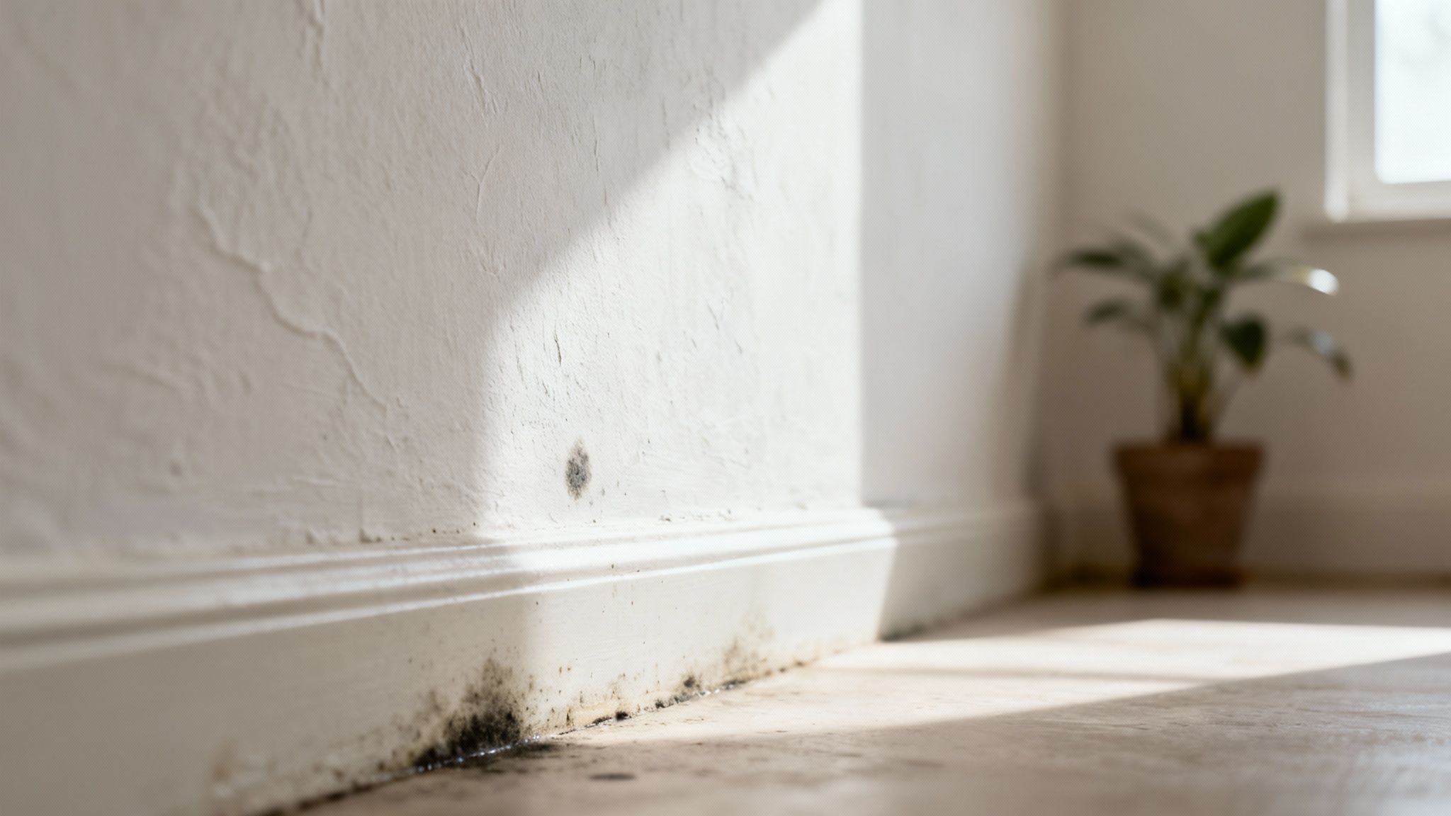 Sort skimmelsvamp spreder sig på en hvid væg og fodliste, delvist oplyst af sollys i et hjem, med en plante i baggrunden.