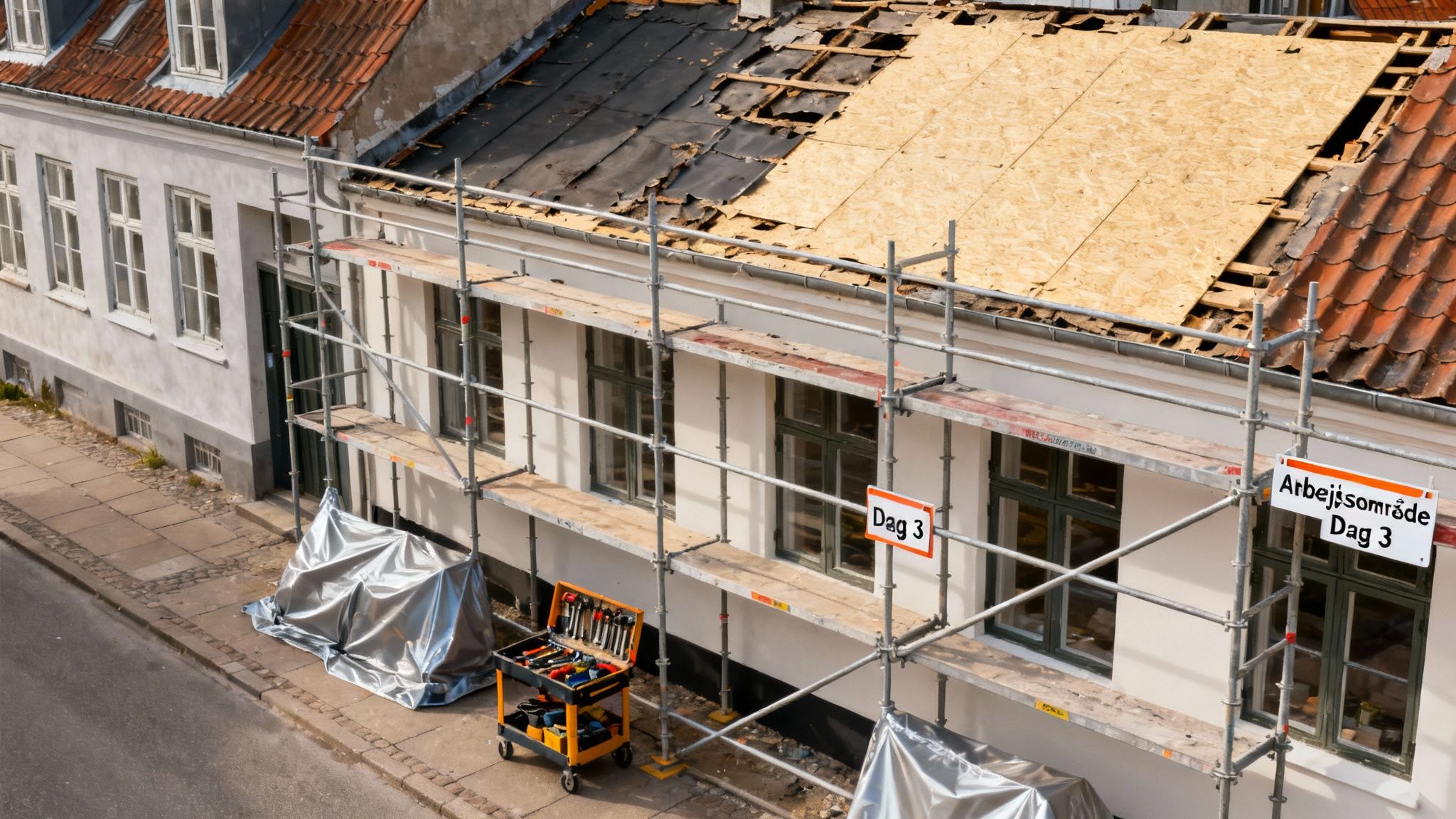 Bygning under tagrenovering med stillads og synlig værktøjskasse, markeret som arbejdsområde på Dag 3.