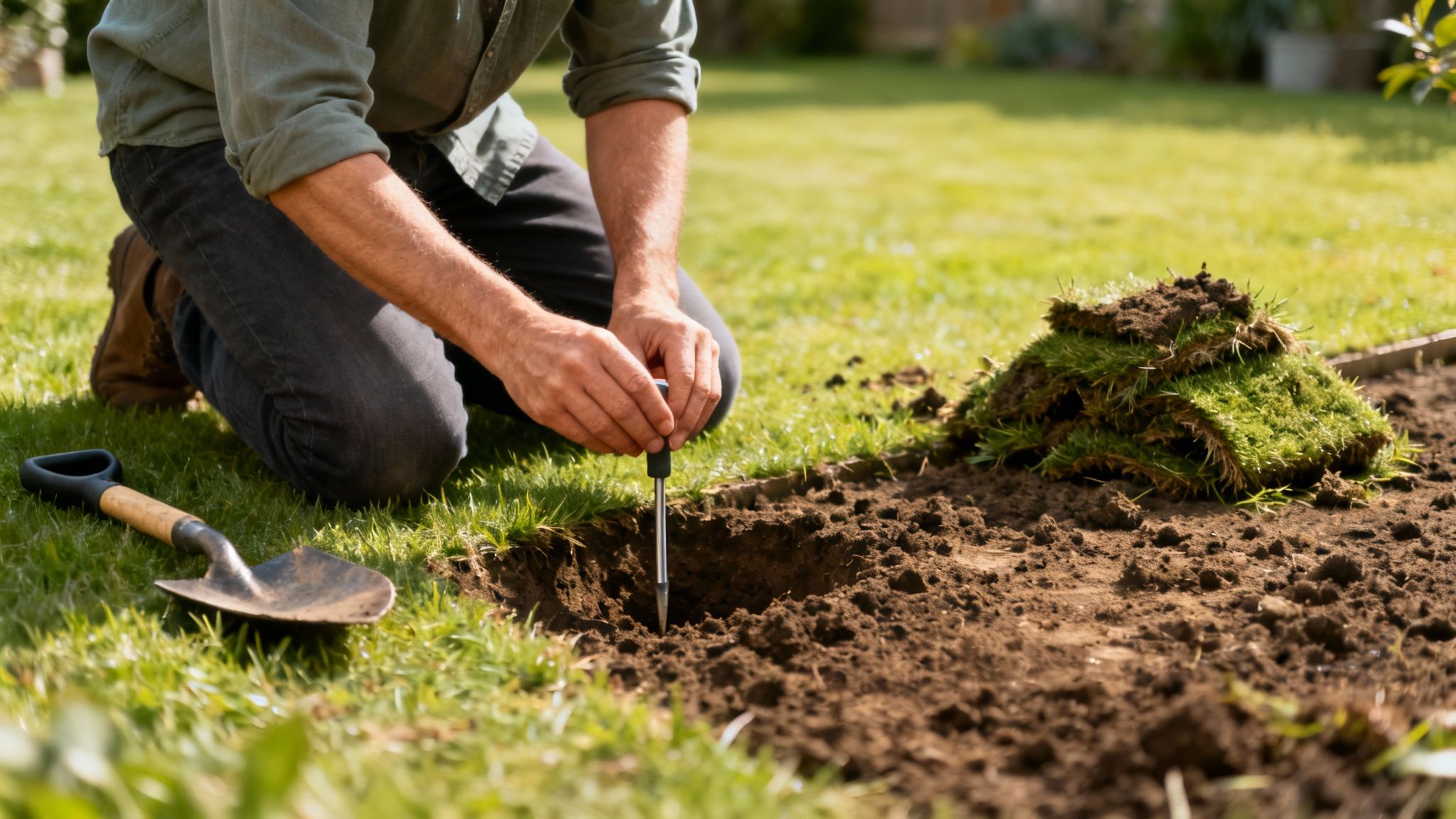 En haveejer forbereder jorden til en ny græsplæne