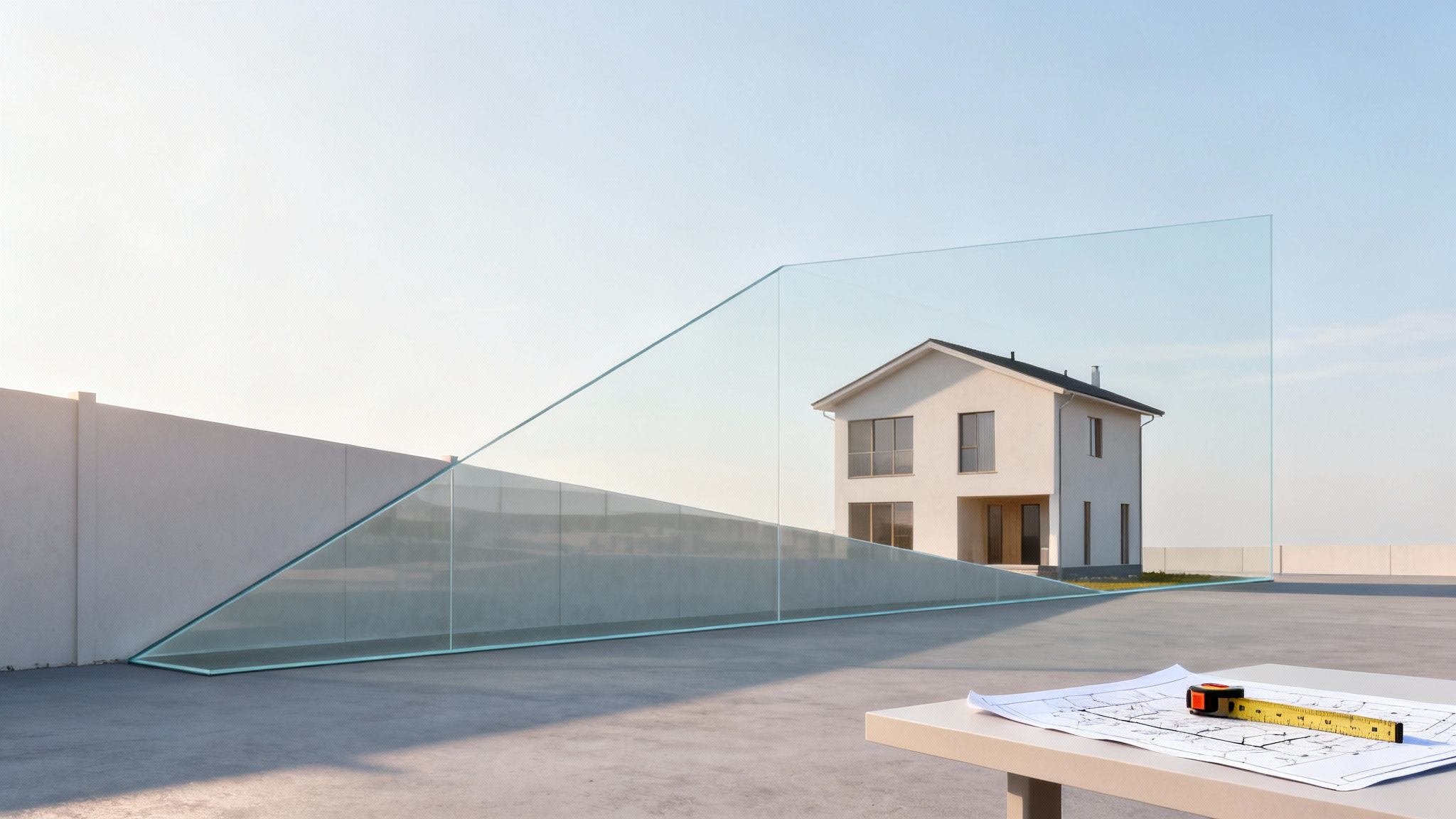 Moderne hvidt hus bag transparent glasvæg, med byggeplaner og målebånd på bord i forgrunden.