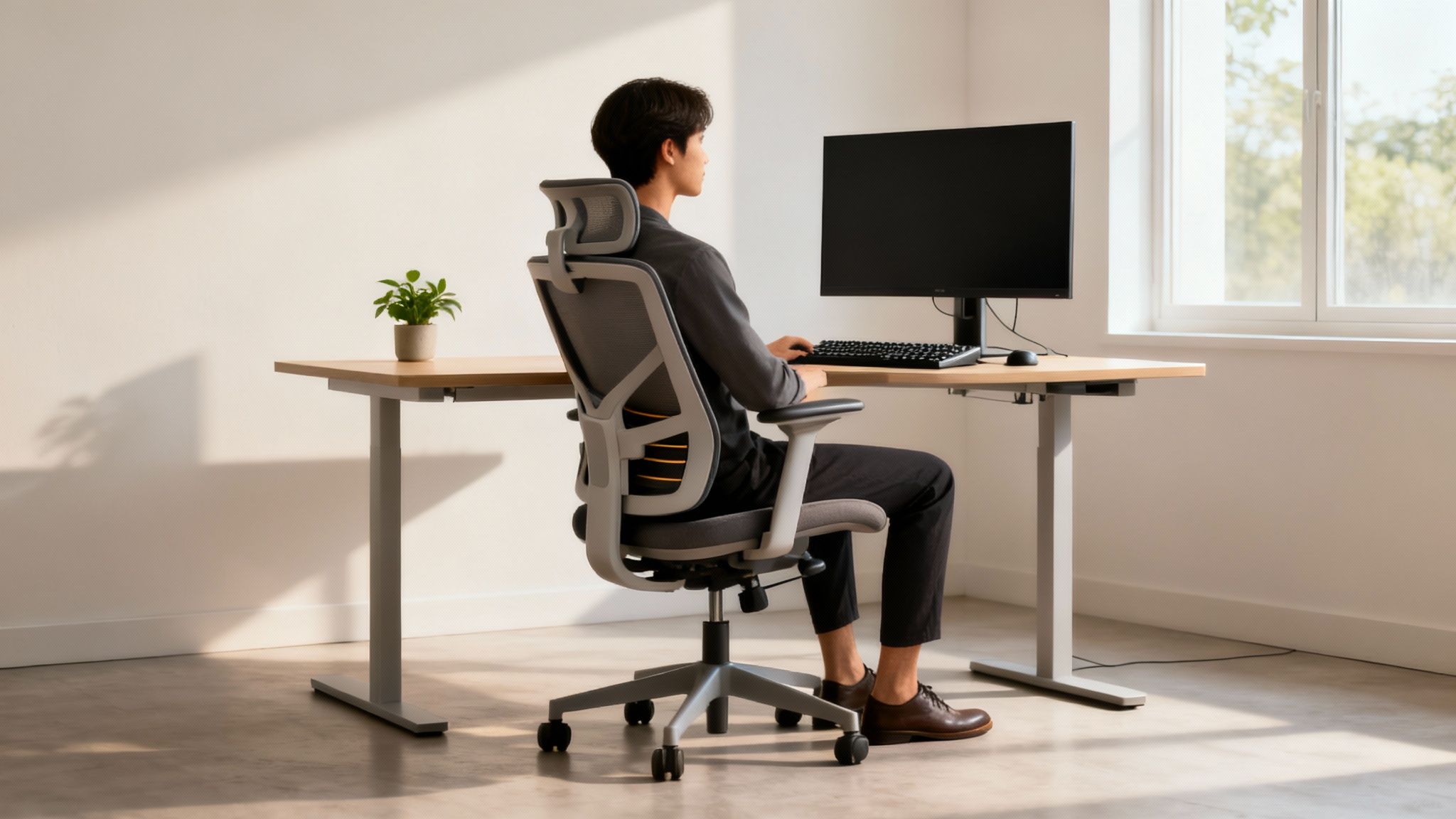 En mand sidder ved et skrivebord med en computer og en plante, i en ergonomisk kontorstol i et solrigt rum.