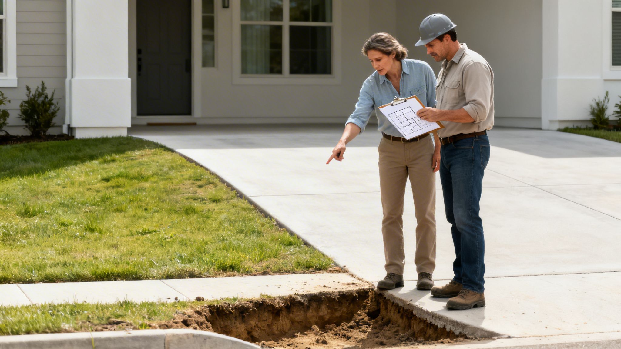 En kvinde og en byggeleder inspicerer en udgravning og plantegninger foran et hus med indkørsel.