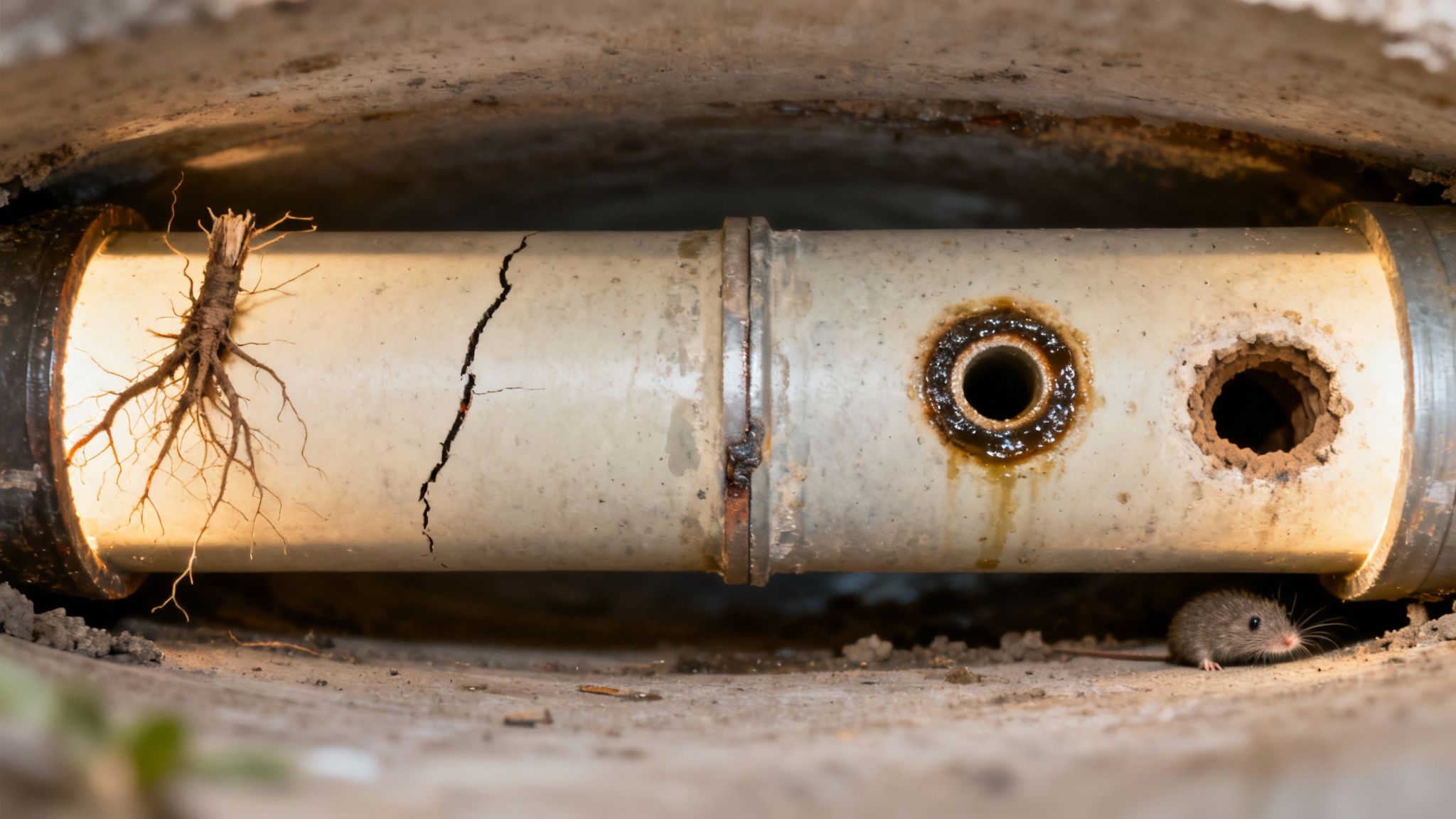 Et beskadiget kloakrør med trærødder, revner, huller og en lille mus nedenunder.