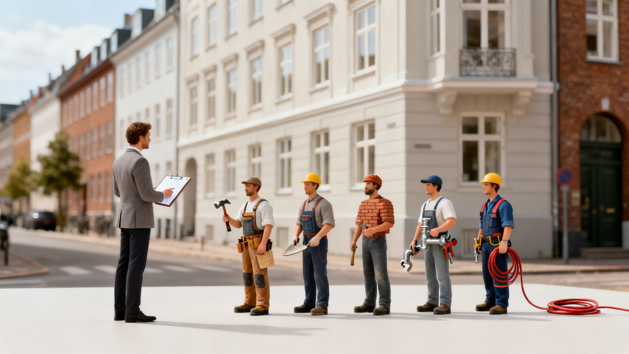 En forretningsmand med klemmebræt står foran fem miniaturehåndværkere i et bymiljø.