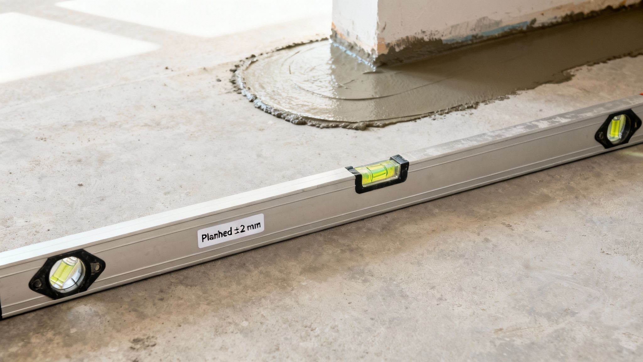 Et vaterpas ligger på et betongulv ved siden af frisk mørtel, der viser et planhedskrav på ± 2 mm.
