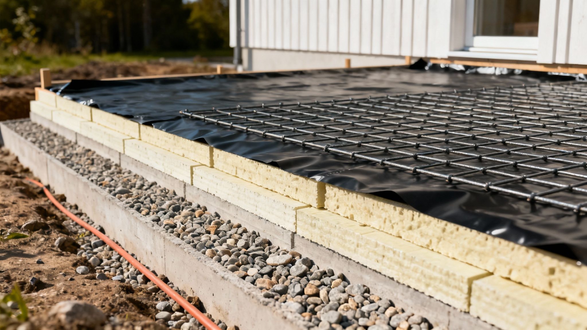 Fundament med armeringsjern og plastfolie klar til støbning af betongulv ved nyt hus