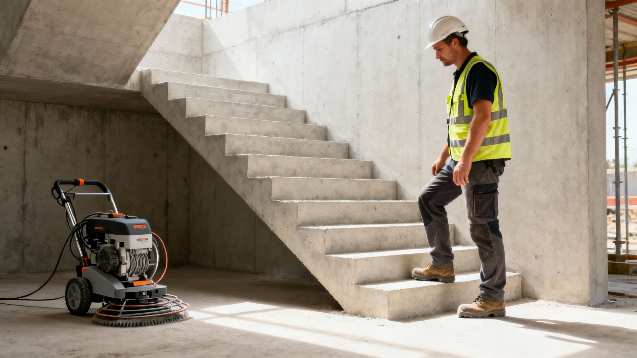En byggeplads med en arbejder, der går op ad en rå betontrappe, og en gulvsliber på gulvet.