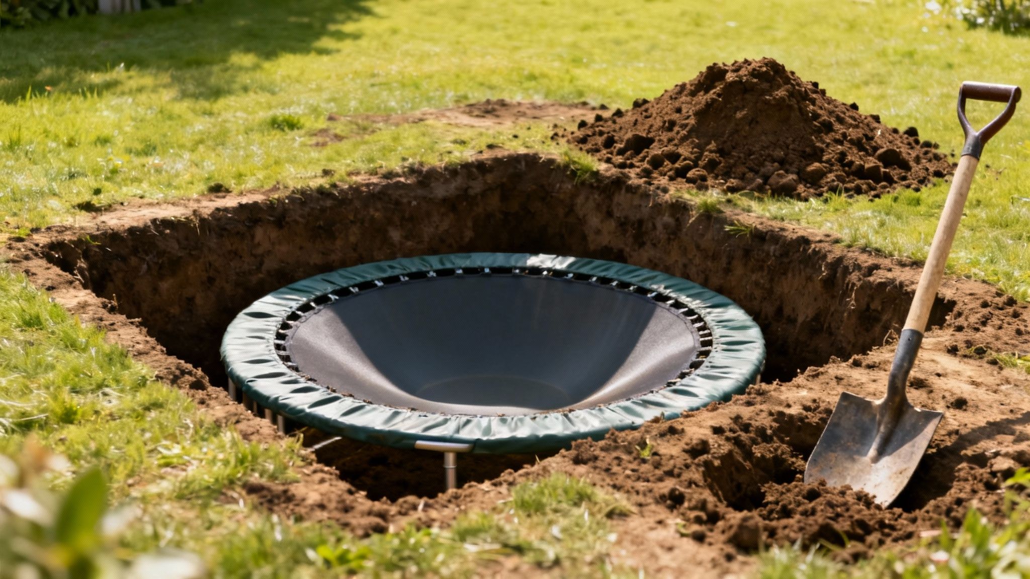 En rund trampolin, der er ved at blive installeret i et hul i haven, med en skovl og bunke jord.