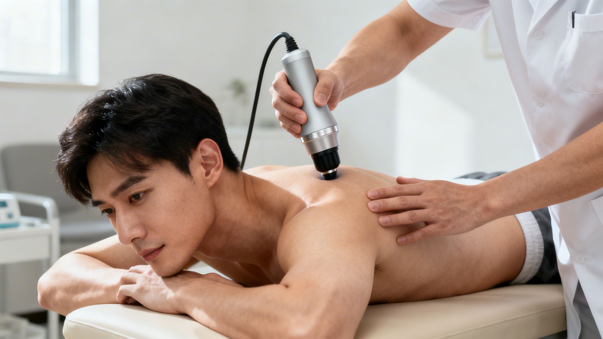 Mand får shockwave-terapi på skulderen af fysioterapeut i hvid kittel på klinik.