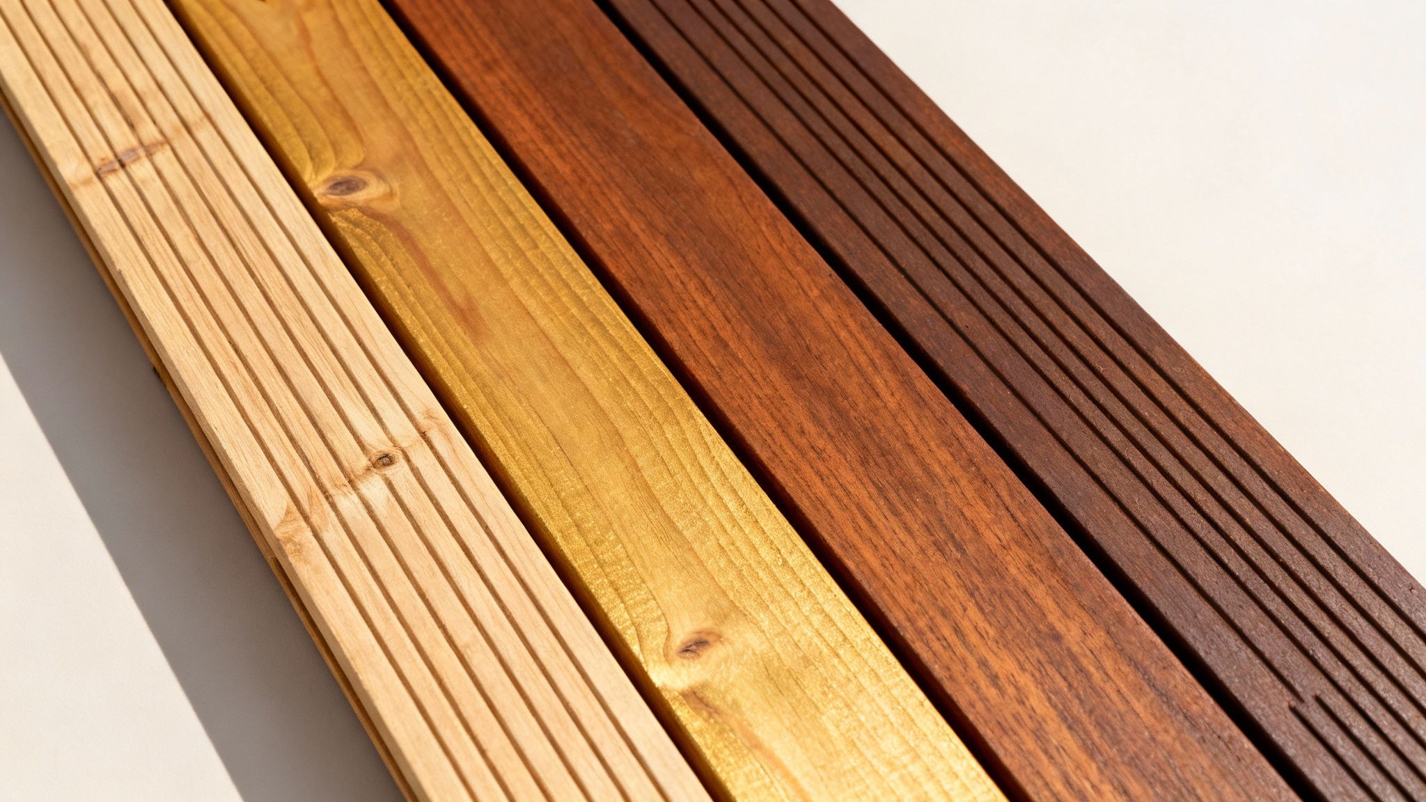 Fire træplanker i forskellige nuancer og teksturer, der viser muligheder for udendørs brug.