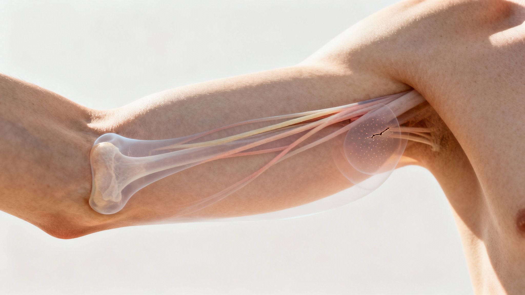 En illustration af anatomien i albuen med fokus på de muskler og sener, der er involveret i tennisalbue.