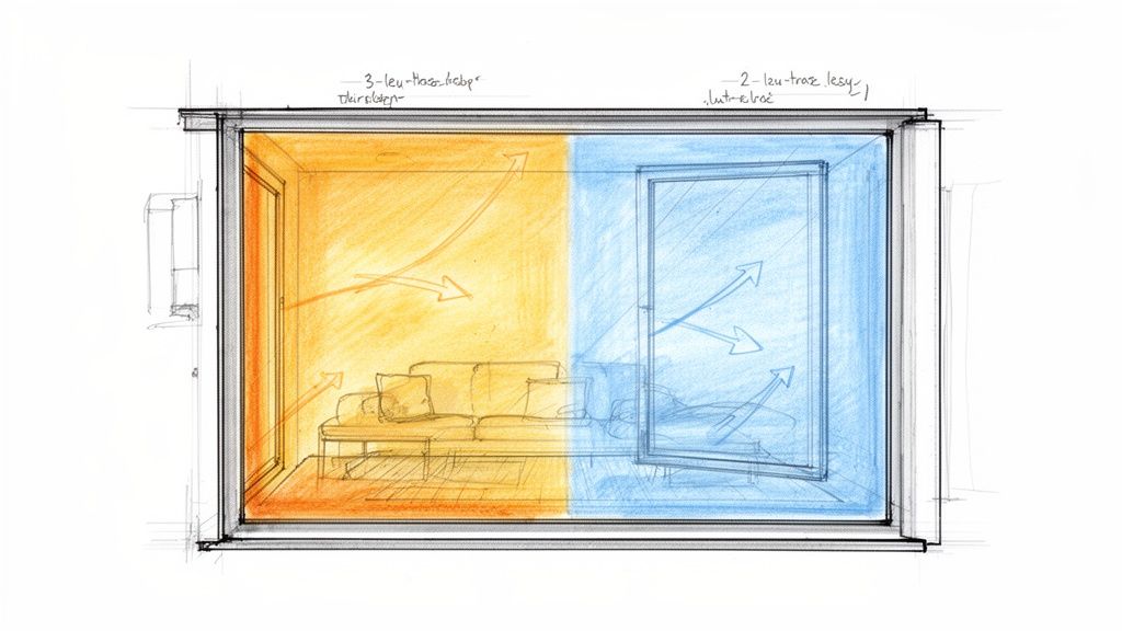 Tegning af en rumsektion med varme- og kolde zoner og luftstrømme fra et vindue.
