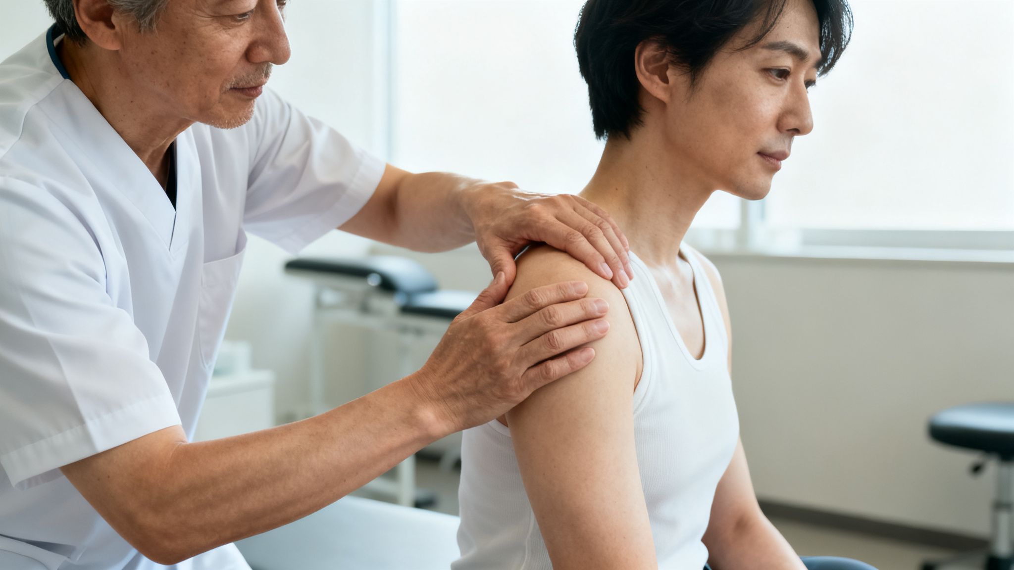 Fysioterapeut med hvid uniform undersøger en patients skulder for smerter i en klinik.