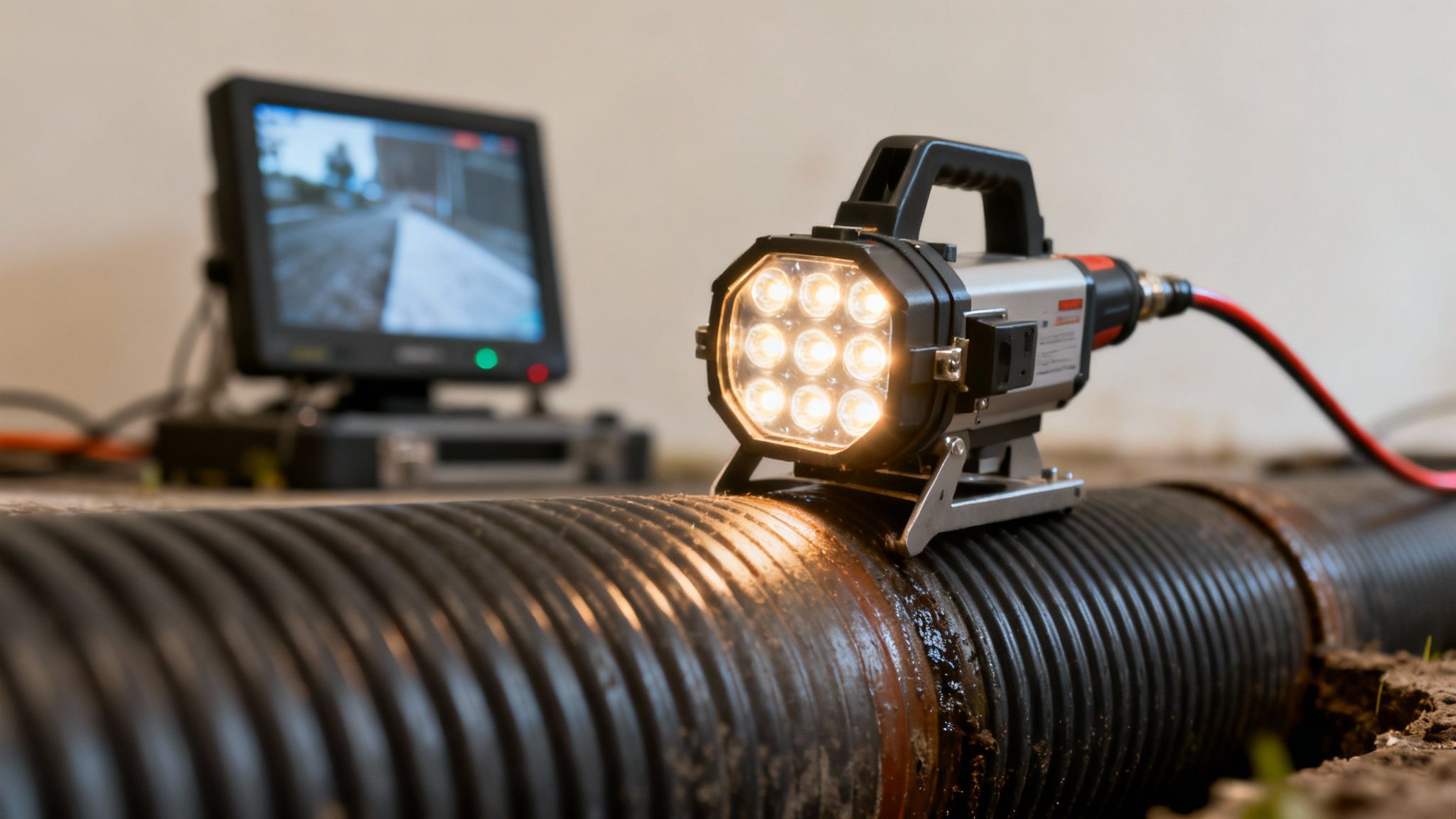 Et lysende inspektionskamera hviler på et korrugeret rør med en skærm, der viser en video i baggrunden, til kloakinspektion.