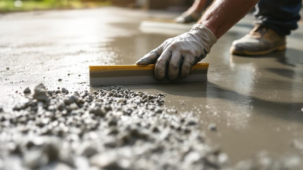 En samling af værktøj og materialer til støbning af beton, herunder en trillebør, skovl og armeringsnet