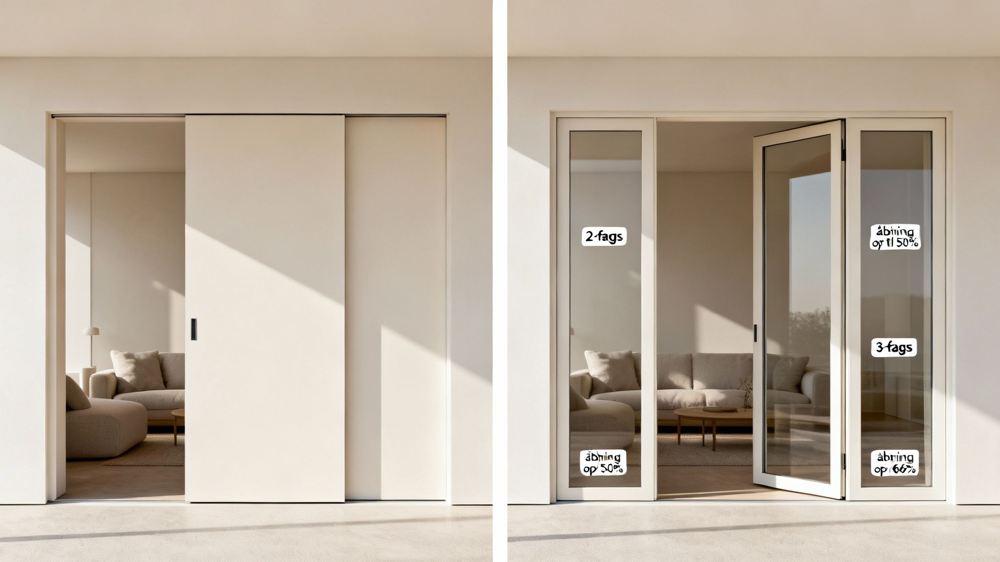 To billeder viser lyse skydedøre og hvide folde- eller terrassedøre i flere fag, der åbner til en stue.