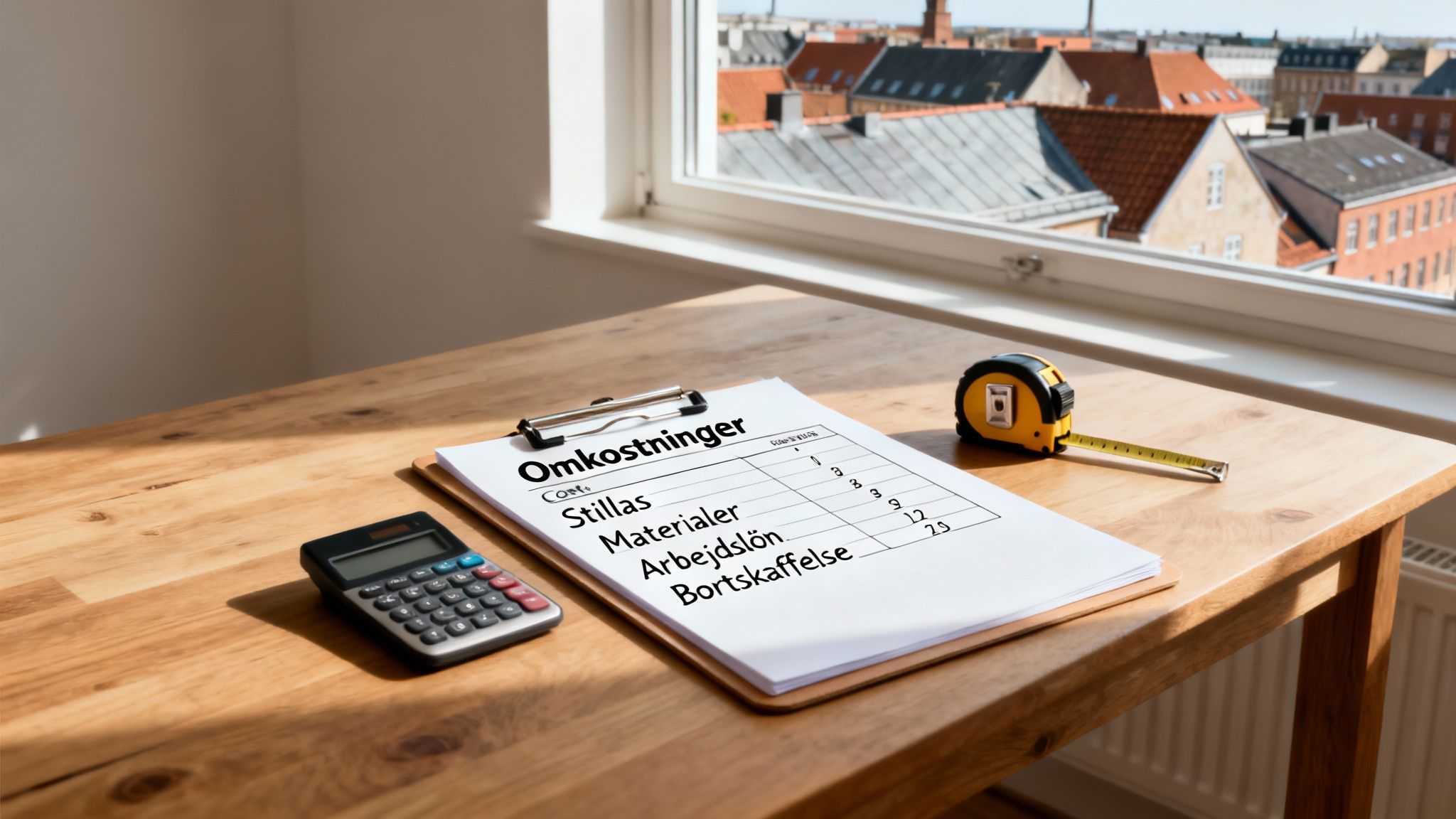 Oversigt over omkostninger for nyt tag, med stillads, materialer og arbejdsløn, på et bord med lommeregner.