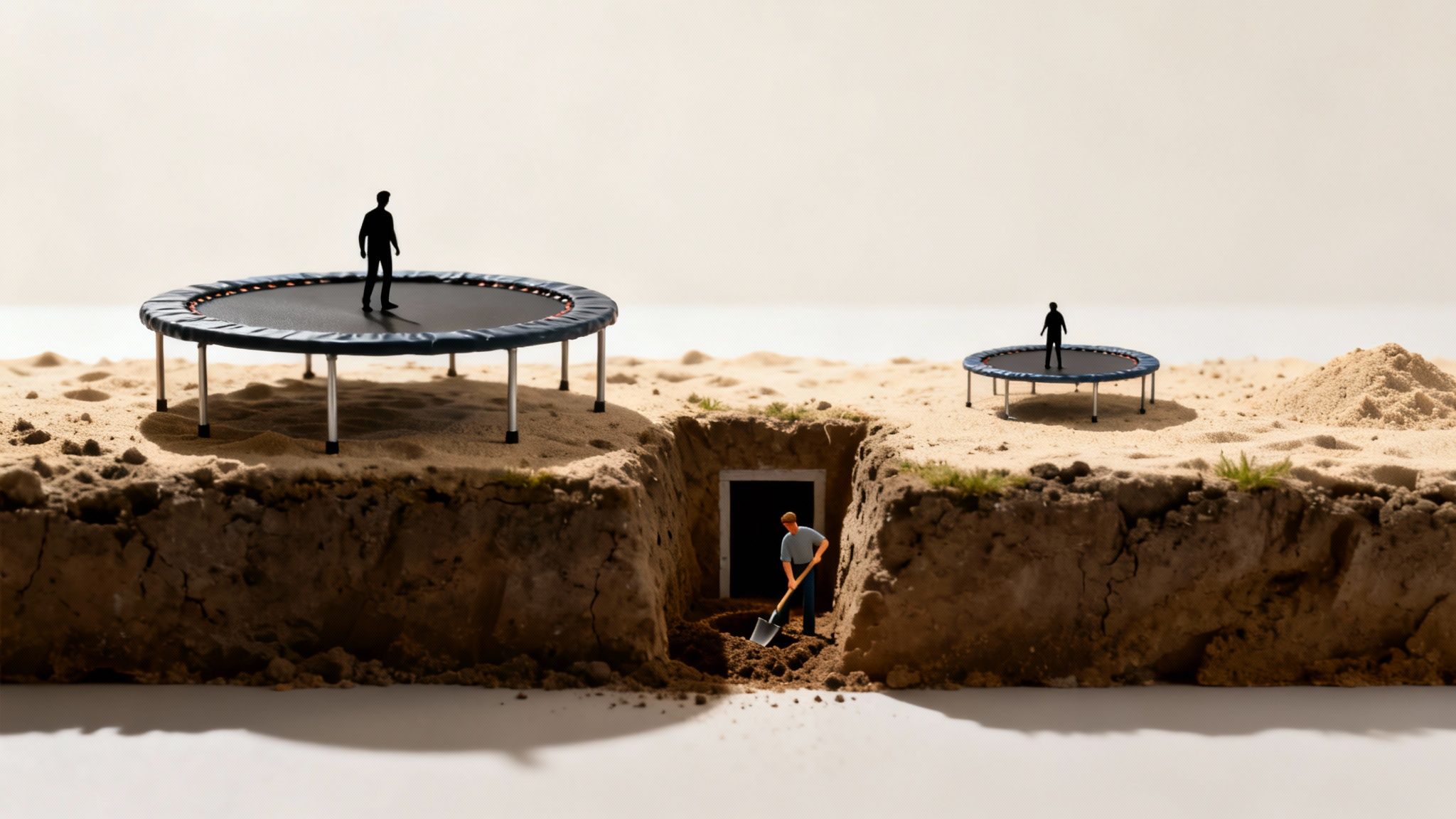 En mand graver et hul i jorden, mens silhuetter står på to trampoliner, der er placeret på jordoverfladen.