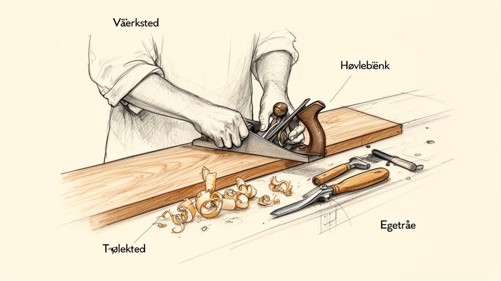 En snedker høvler en træplanke af egetræ på en høvlebænk i et værksted, med spåner og værktøj.