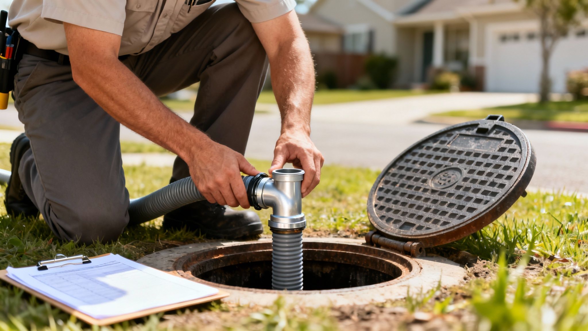 En tekniker knæler og indsætter et drænrør i et åbent omfangsdræn med et bolighus i baggrunden.